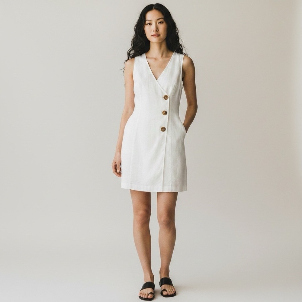 Express White Shirt Dress Button Up Linen Blend Sleeveless Casual Minimalist M